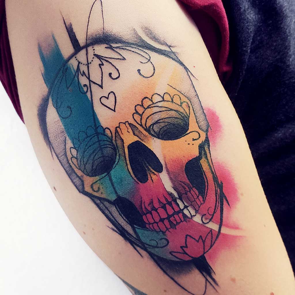 Abstract watercolor sugarskull tattoo
